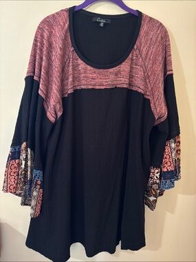 Lightweight Black Tunic with Pink Yoke & Patterned Bell Sleeves